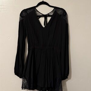Urban Outfitters Black Kimchi Blue V-neck Romper, Low Back, Sheer Lace Trim